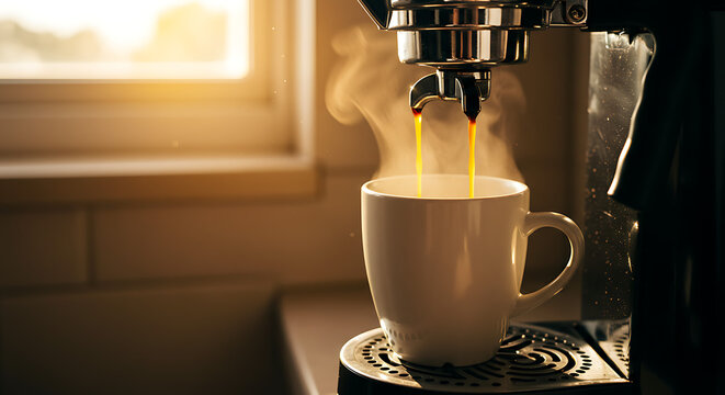 Morning sun streams through window; espresso pours into a white cup under a gleaming machine nearby