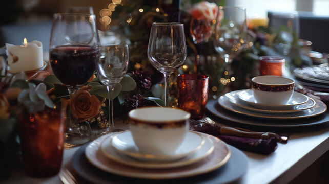 Formal dining table settings with candles, dark red wine, and floral decorations for a special occasion dinner - Powered by Adobe