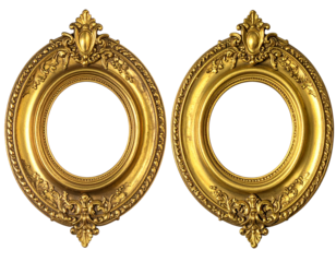 Two ornate, oval, antique gold decorative frames