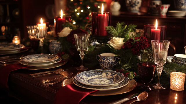 Christmas dinner table setting with flickering candles and festive decorations creating a warm holiday ambiance
