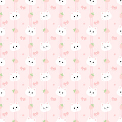 seamless pattern with pink cat strawberry and bow