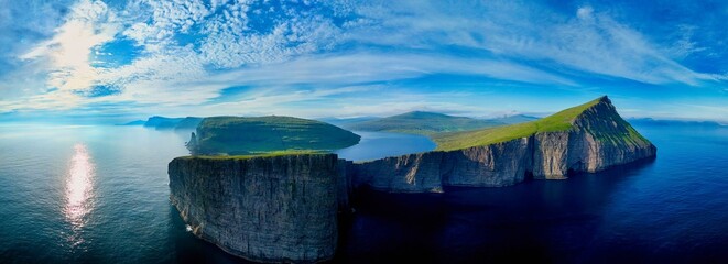 Sorvagsvatn lake on cliffs of Vagar island in sunset time, Faroe Islands, Denmark.
