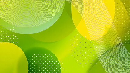 Vibrant green and yellow abstract shapes with white line patterns and dots circles