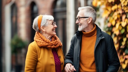 Joyful elderly couple walking hand in hand during autumn season while enjoying vibrant leaves and warm atmosphere, showcasing love and connection in everyday life