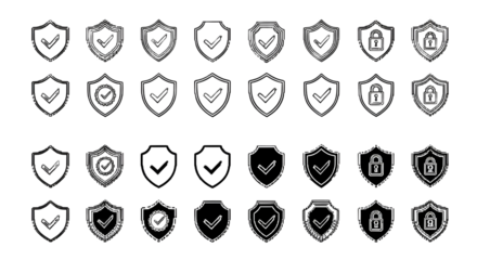 Security and protection shield vector icon set with checkmark and padlock in doodle style isolated on white background