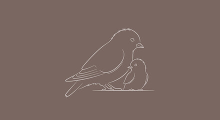 Minimalist parent bird and chick outline drawing on brown background.