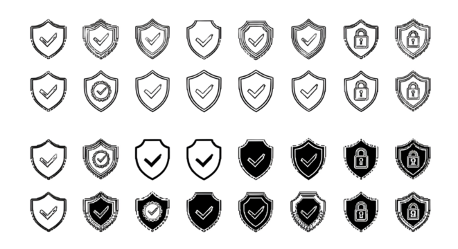 Security and protection shield vector icon set with checkmark and padlock in doodle style isolated on white background