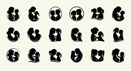 Set of mother and child silhouettes showing love and care bond