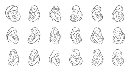 Line art of mother and baby, showing love, care, and bond concept