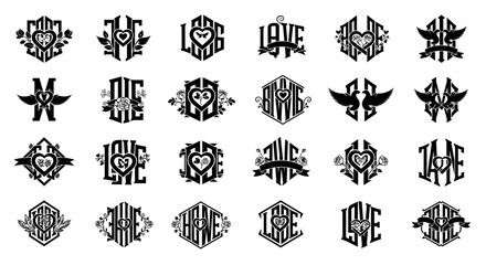 Elegant love monograms: hearts, doves, roses, classic vector crests.
