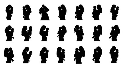 Mother and baby silhouettes set, maternal love collection icons
