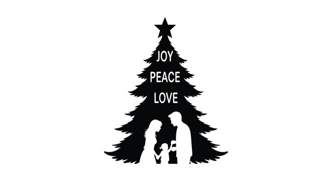 Black silhouette christmas tree with nativity scene and words joy peace love