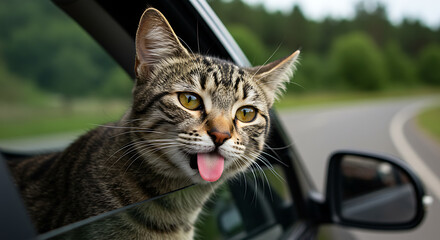 Playful tabby cat sticks head out car window, tongue out, eyes bright, surveying winding road ahead