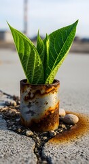 A vibrant green plant with large leaves growing out of a rusty, weathered metal container placed on a sandy surface outdoors under a cloudy sky