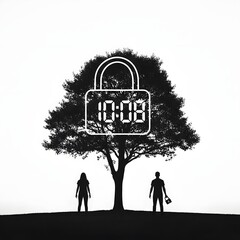 Silhouette of a man and woman standing under a large tree with a digital clock and padlock symbol floating above, symbolizing security and time management concepts