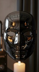 A sleek, glossy black mask with a reflective surface, positioned in front of a lit candle and set against a dark background, creating a mysterious and modern aesthetic