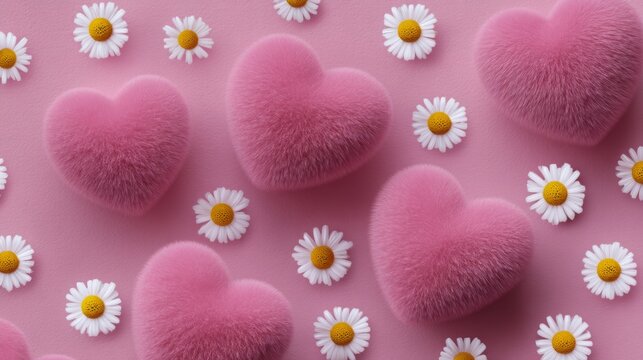 3D flat lay pattern with fluffy pink hearts and daisy flowers on light pink background for valentine's day web banner and cosmetic product display
