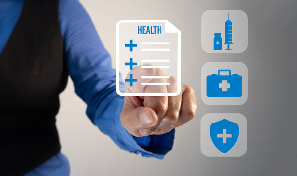 A woman presses a virtual button on a health document icon, next to other related concepts. Concept of taking care of your health and staying informed about medical topics.