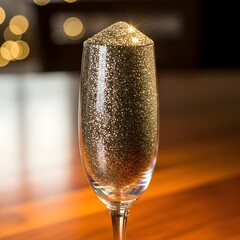 A close-up of a tall, elegant glass filled with sparkling golden beverage, set against a warm, softly blurred background with bokeh lights