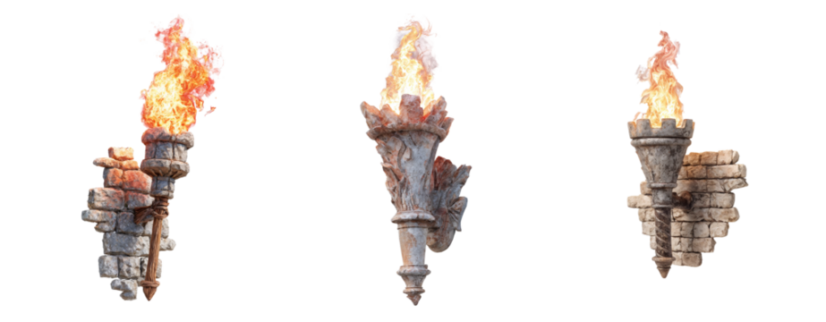 Three medieval stone wall torches set fire light flame isolated background photorealistic 3D render fantasy castle dungeon design element
