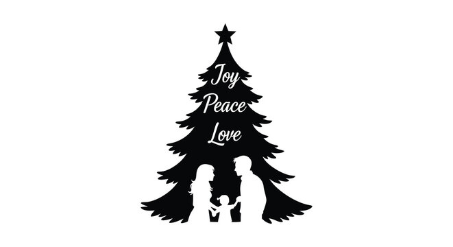 Black silhouette of a christmas tree with nativity scene and inspirational words joy peace love