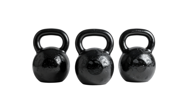 Three kettlebells on black backdrop