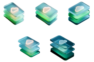 3D cloud computing icons set translucent glass layers data storage synchronization networking technology UI UX design element modern mockup