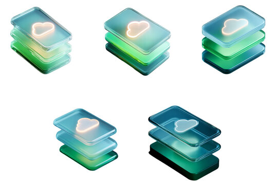 3D cloud computing icons set translucent glass layers data storage synchronization networking technology UI UX design element modern mockup