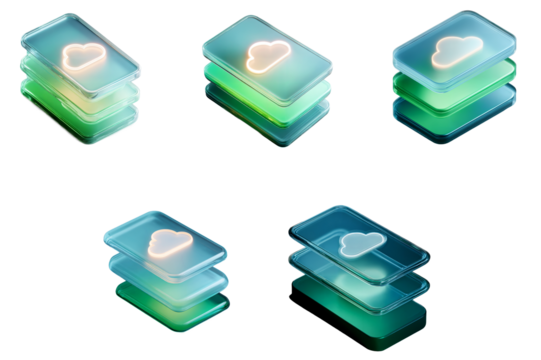 3D cloud computing icons set translucent glass layers data storage synchronization networking technology UI UX design element modern mockup