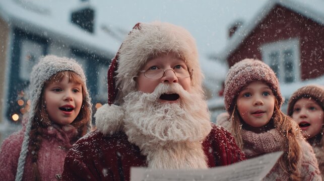 A charming scene of Santa Claus and children singing carols in a snowy neighborhood, 8k, realistic, full ultra HD, high resolution, cinematic photography