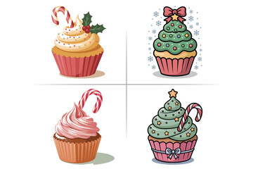 Christmas Cup Cake Vector Clipart Design, Vintage Christmas Clipart Bundle | Retro Santa, Holiday Signs, Classic Ornaments, Snowy Winter Elements | PNG Set for T-Shirts & Crafts