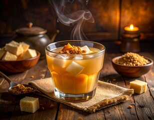 Realistic photo of sekoteng with peanuts, tapioca pearls, and bread cubes served warm with visible steam