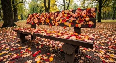 Wooden park bench covered in vibrant red and yellow autumn leaves.
