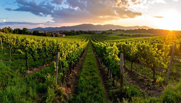A sunlit vineyard stretches towards the horizon, rows of green grapevines bask in golden light under a vibrant sunset