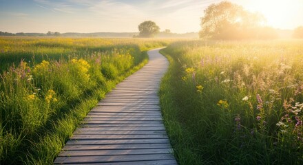 Wooden Path Through Meadow at Sunrise - A Serene Nature Walk.