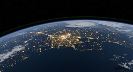 Curved Earth at night, city lights tracing continents, thin blue atmosphere above dark seas, glow.!!