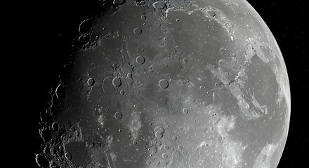 Close-up lunar surface with craters, rugged highs and lows, gray plains stark shadows at terminator