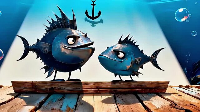 Deep Sea Duel: Spiny Fish Brothers on Sunlit Ocean Floor