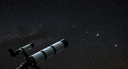 A telescope silhouette points skyward beneath a star-filled night sky with distant stars. with glow