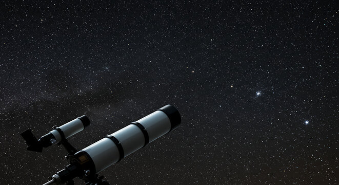 A telescope silhouette points skyward beneath a star-filled night sky with distant stars. with glow