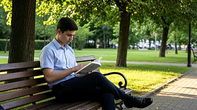 Serene Reading in the Park: A young person engrossed in a book, enjoying a quiet moment of leisure in a peaceful park setting, enveloped by nature's tranquility.