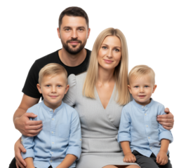 Portrait of a loving family with father, mother, and two sons in a studio setting