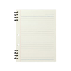 An empty light yellow three-ring binder page with horizontal lines for writing and punched holes for binding transparent background