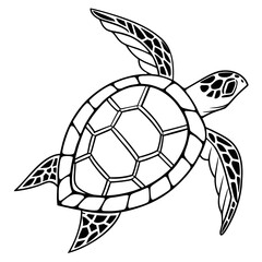Fototapeta premium A minimalist geometric line-art illustration of a sea turtle, designed entirely with sharp polygonal shapes and clean black outlines. The shell is built from symmetrical hexagonal and angular facets