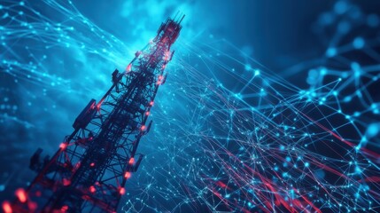 Abstract digital network tower with glowing nodes and connection lines