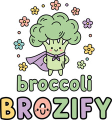 Cute broccoli superhero cartoon, healthy vegetable character, kids food mascot, smiling face illustration, colorful flowers, fun design, child-friendly concept, vector art