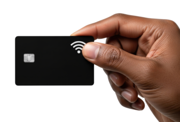 Hand holding black credit card with nfc symbol transparent background cutout png