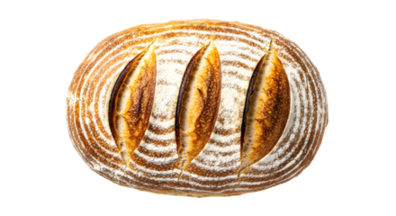 Close-up overhead shot of a rustic artisanal sourdough bread loaf with characteristic scoring