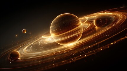 Abstract space scene with planets, rings, and glowing particles in gold