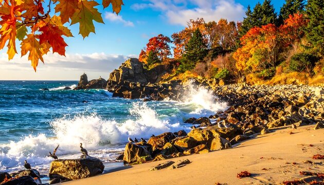 A vibrant coastal scene features a sandy beach, rocky shoreline, and crashing waves under a partly cloudy sky during autumn